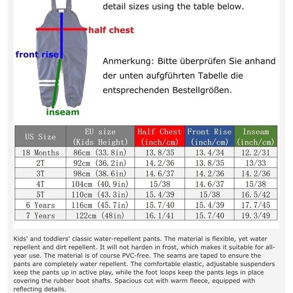 New 4 T Navy blue top quality rain pants overalls 110 cm - Picture 7 of 9